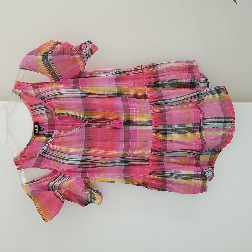 Pink Plaid Madras Open Shoulder Short Sleeved Bohemian Top with Tassel Ties - Picture 9 of 9